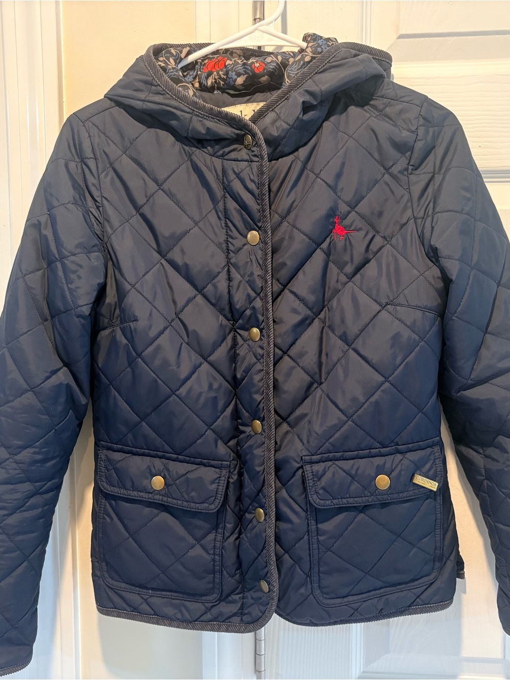 Jack Wills Navy Quilted Hooded Jacket with Floral Lining - Size 4 US